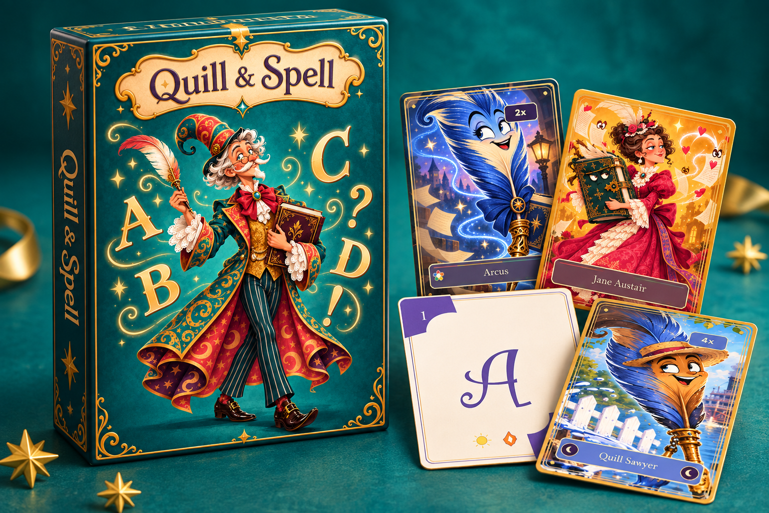 Three-quarter product mockup of the Quill & Spell game box and sample cards