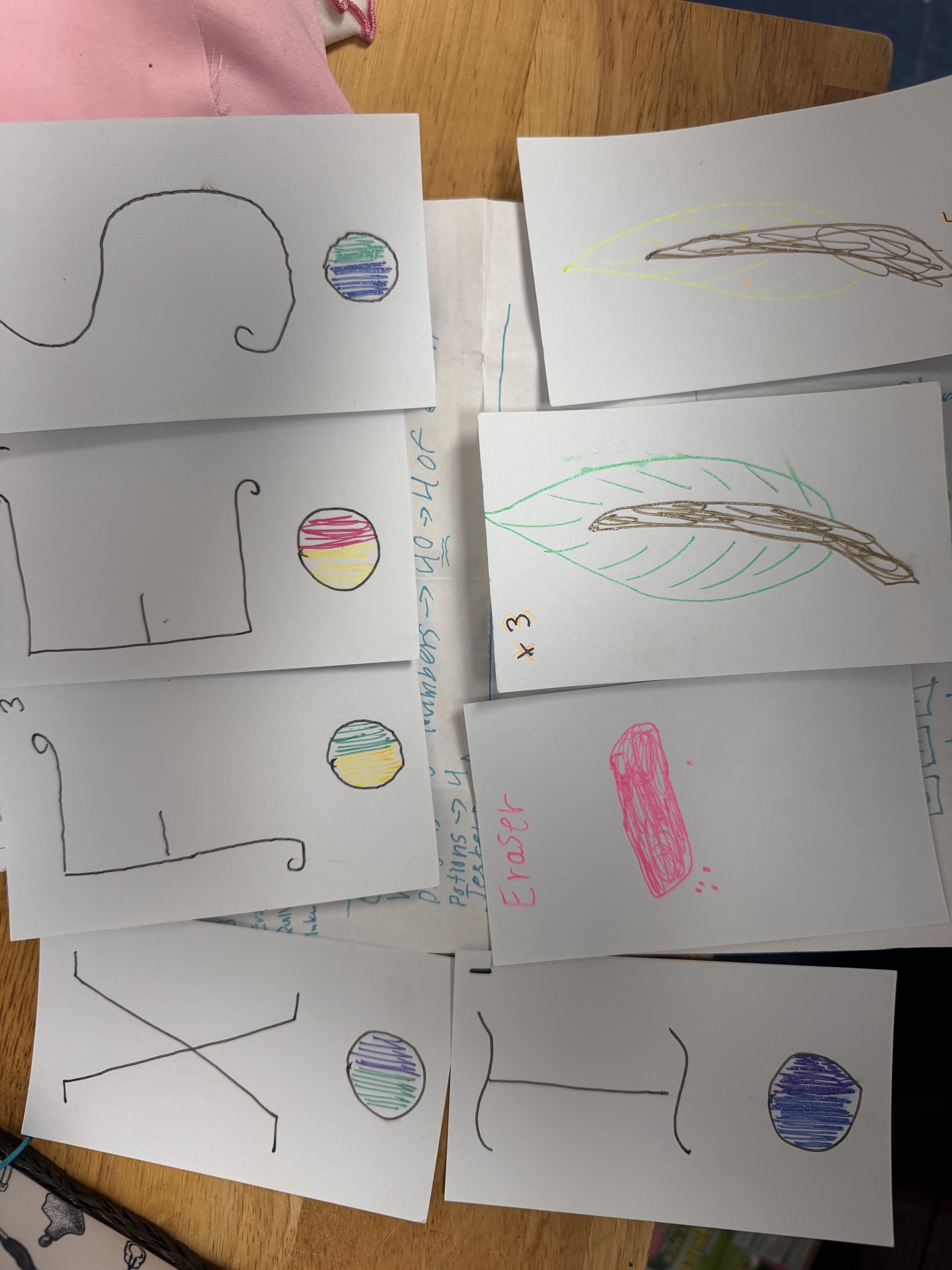 Close-up of Quinn's original hand-drawn letter and action cards