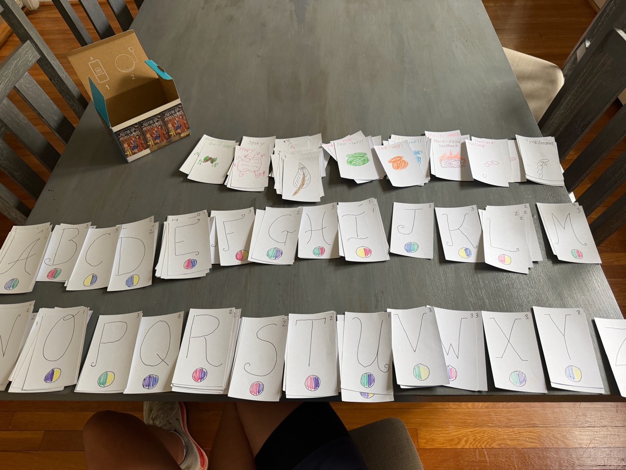 Quinn's original hand-drawn Quill & Spell prototype cards from second grade