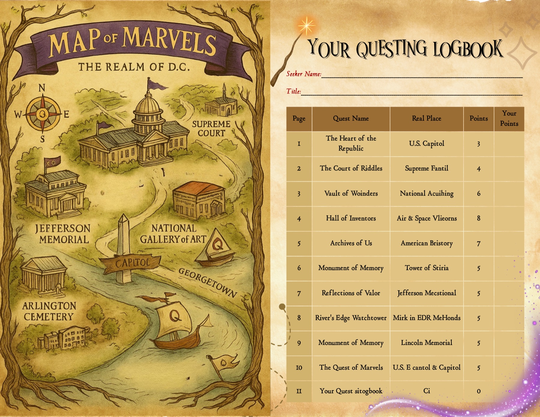 Early Quill and Quest Washington map and questing logbook spreads developed under Hadia Akbar's art direction.