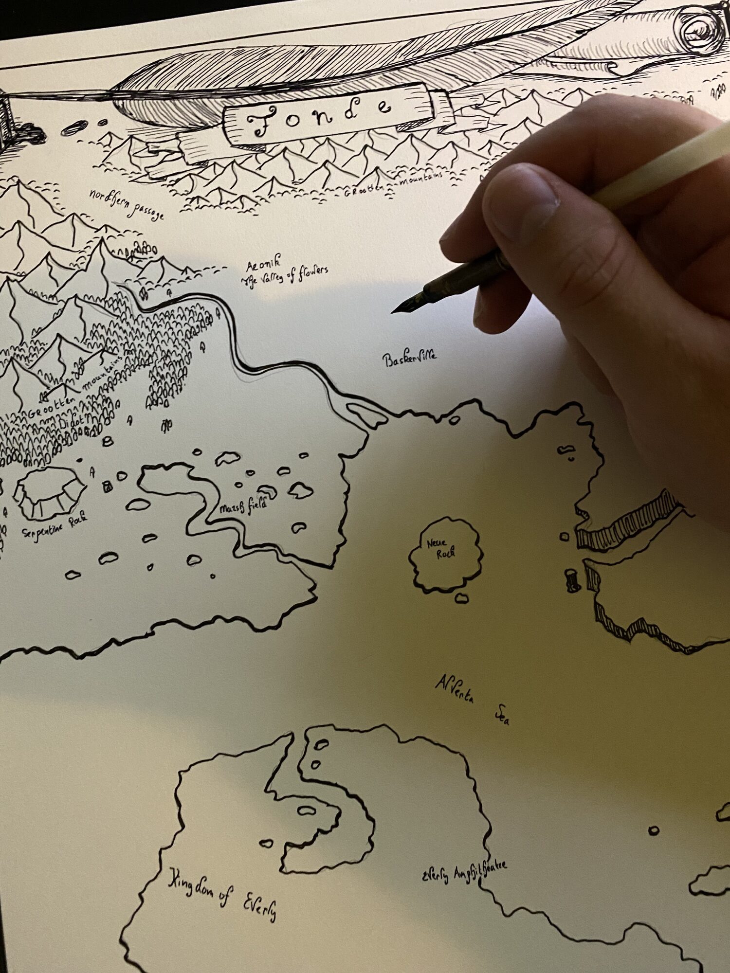 Early hand-drawn coastlines and place names on the Pennymores world map