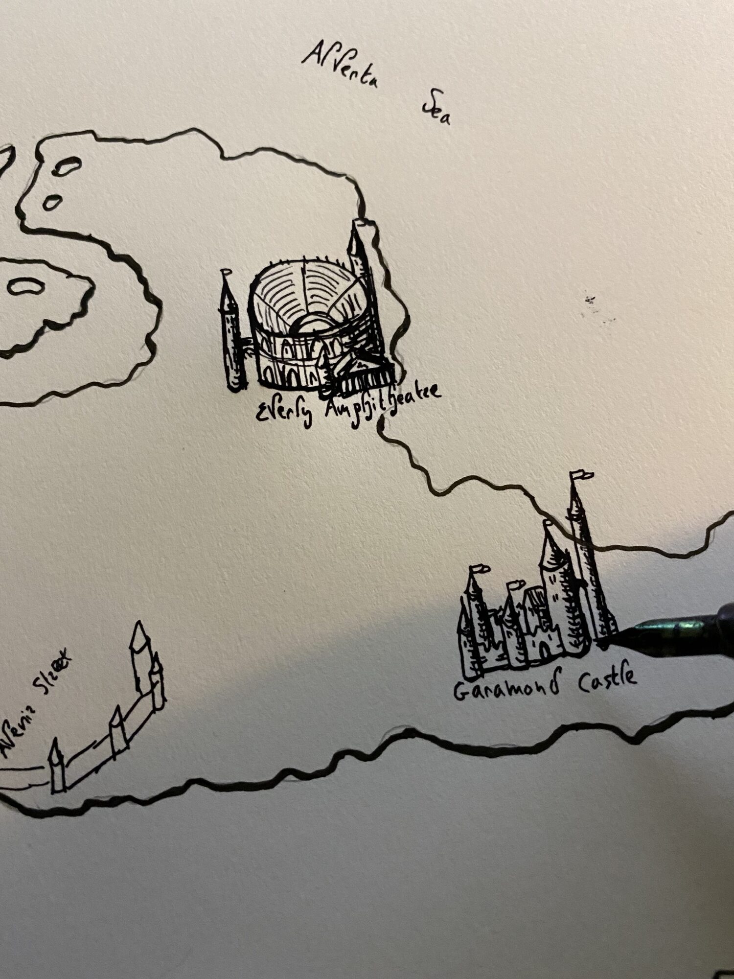 Hand-drawn Everly landmarks including the amphitheatre