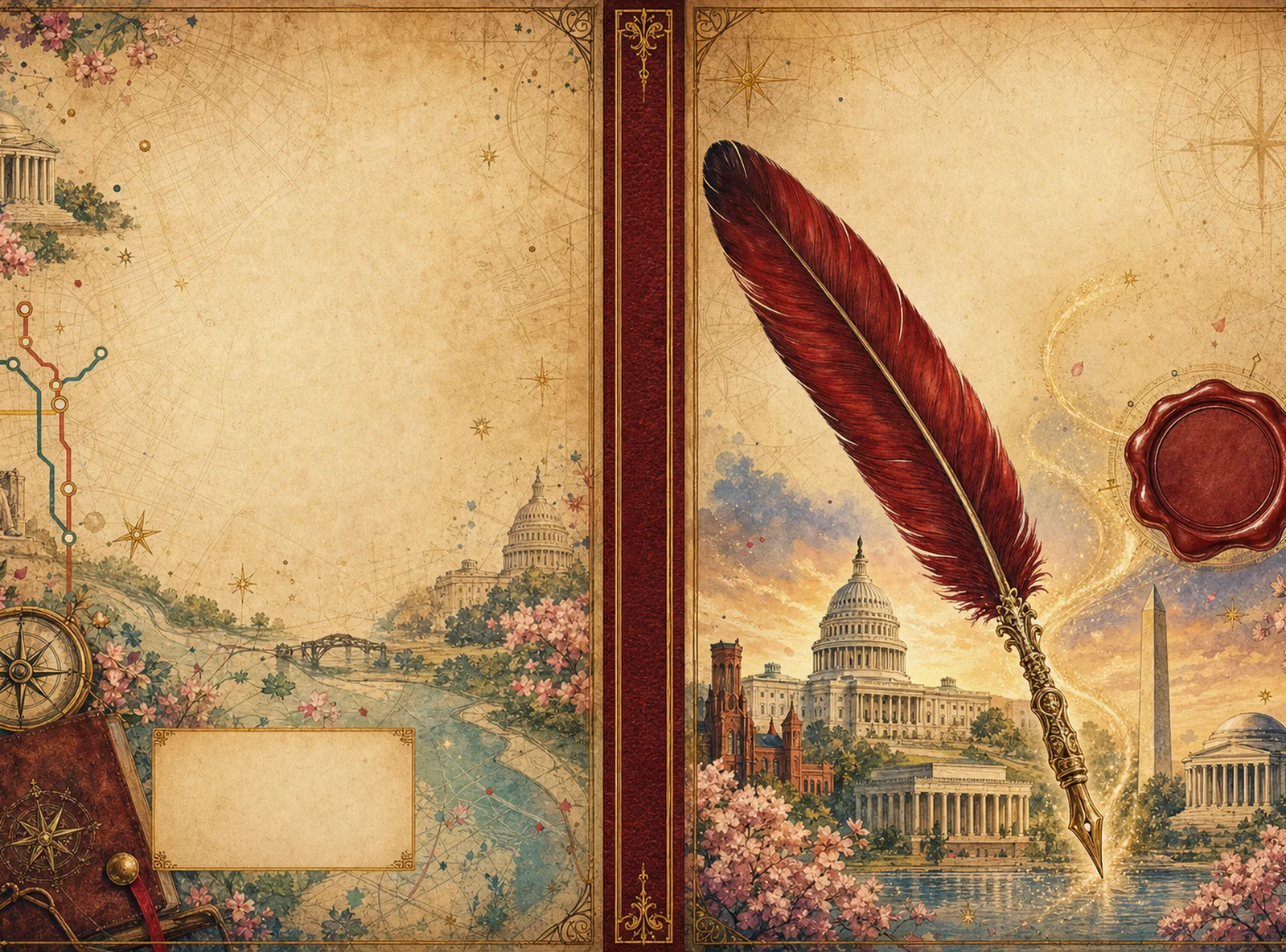Quill and Quest Washington visual background with parchment, quill, landmarks, and travel ephemera.