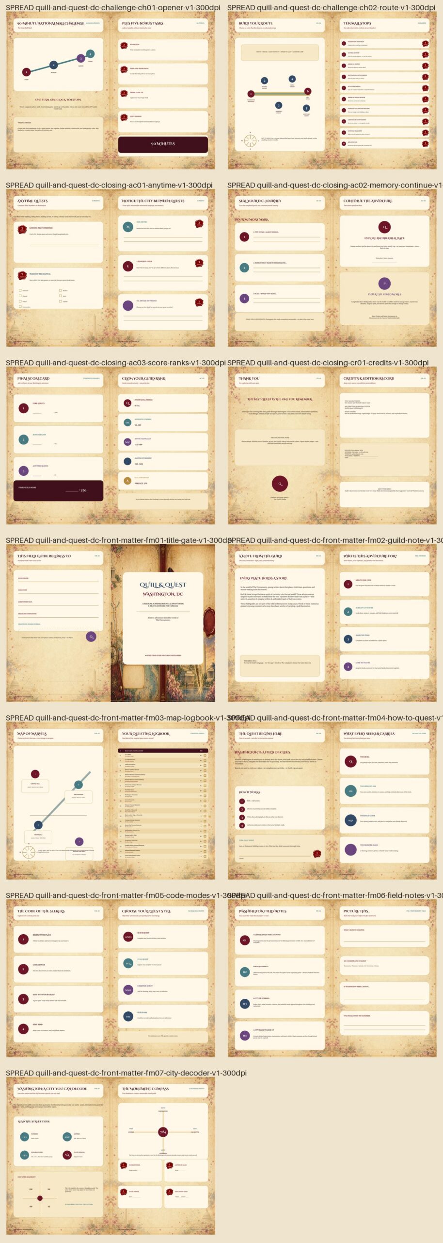 Contact sheet showing Quill and Quest Washington interior spreads and activity pages.