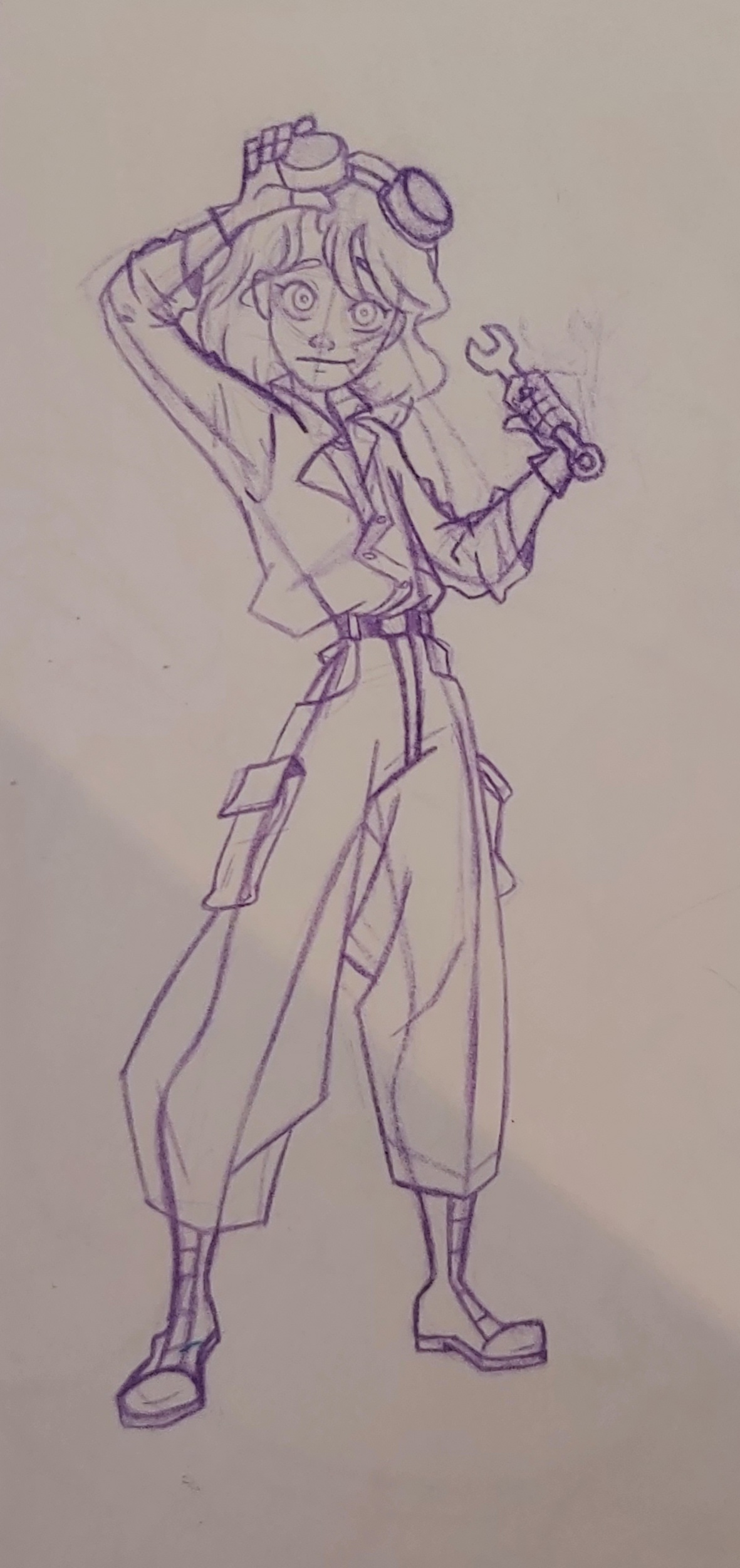 Blue-pencil drawing of Quinn with goggles and a tool by Nurkaydar Tomiris.