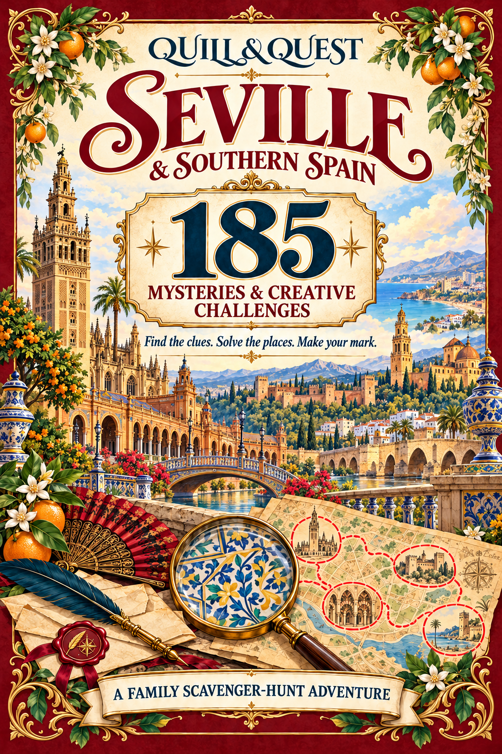 Seville and Southern Spain paperback cover, with a clue map, compass, magnifying glass, and 185 mysteries