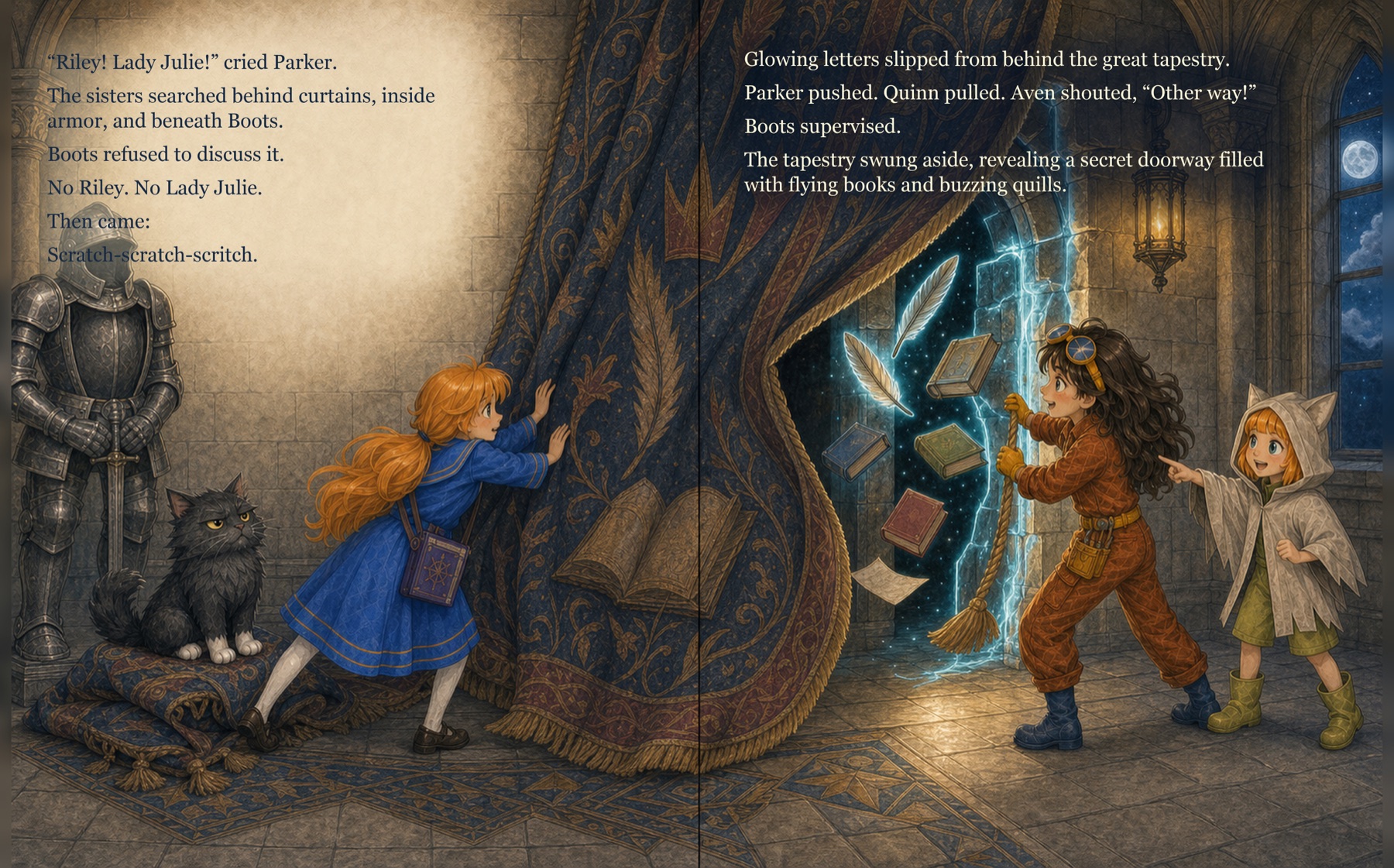 The Pennymore children discovering a hidden doorway behind a castle tapestry
