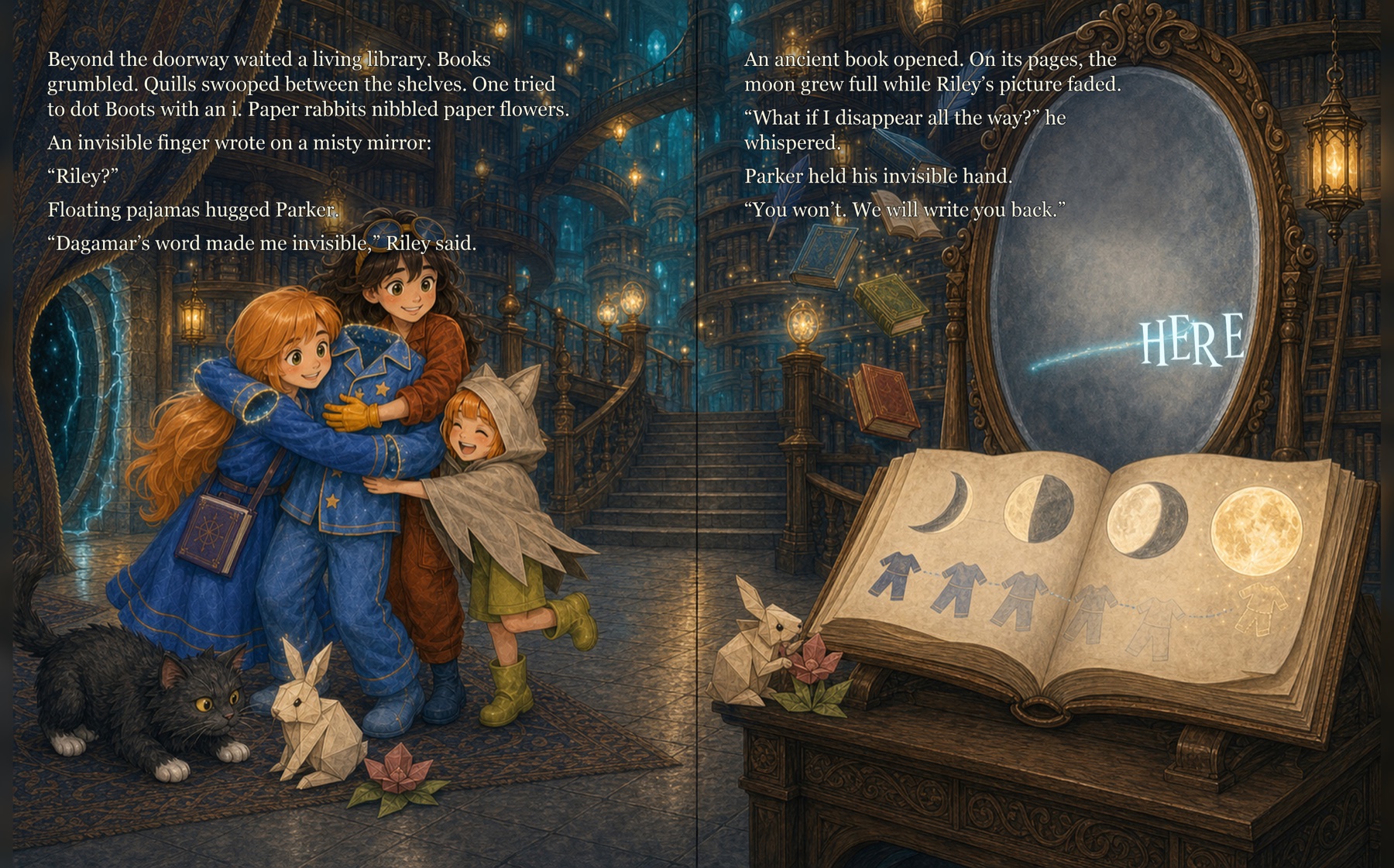 The children discovering a magical library where books and quills float