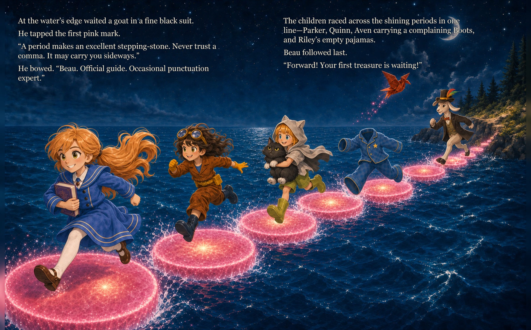 The children crossing the sea on glowing pink punctuation marks
