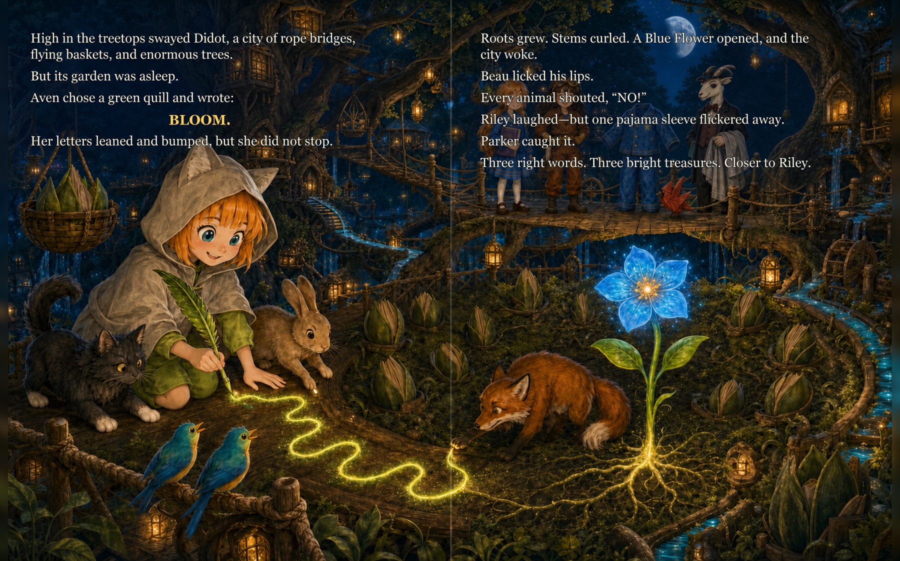 A magical treehouse garden where the children write the word bloom